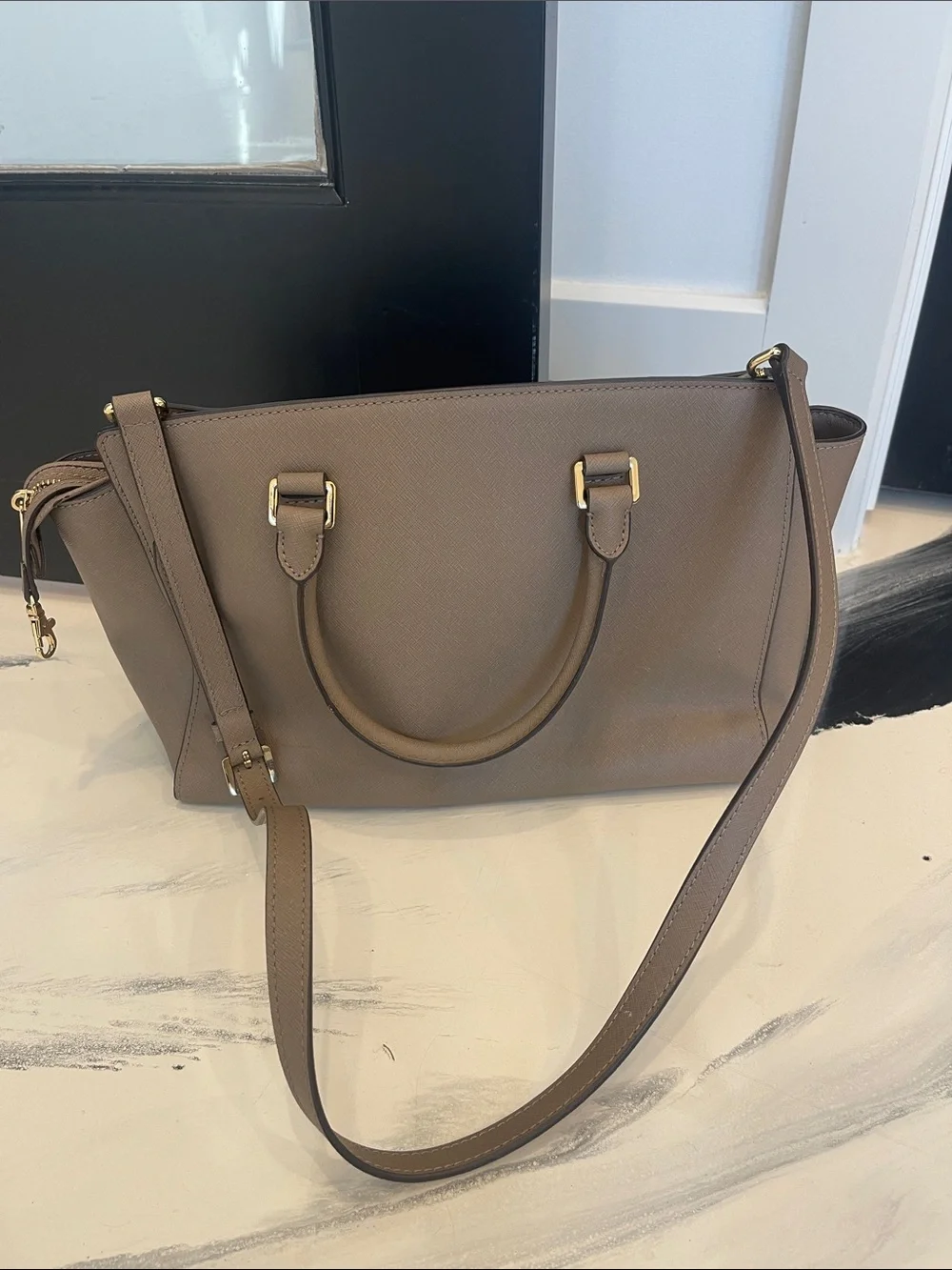 Michael Kors Taupe Saffiano Satchel with Gold Hardware